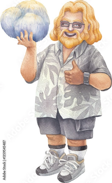Obraz A cheerful bearded man in a Hawaiian shirt holds a Lion's Mane mushroom, smiling and giving a thumbs-up