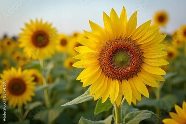 Fototapeta Close-up of a vibrant sunflower blooming in a sunny field.