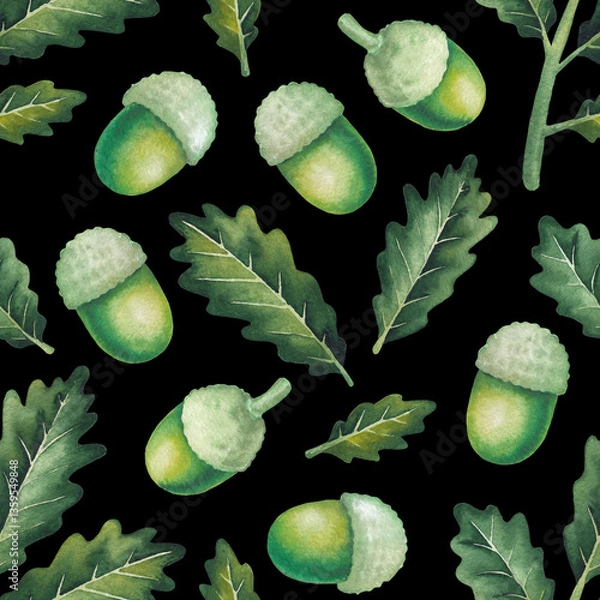 Obraz Seamless pattern of Watercolor Oak leaves and acorns isolated on a black background