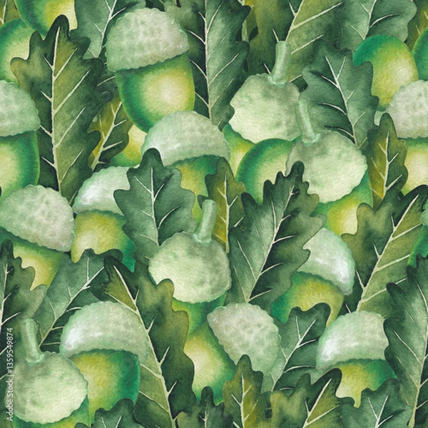Obraz Seamless pattern of Watercolor Oak leaves and acorns