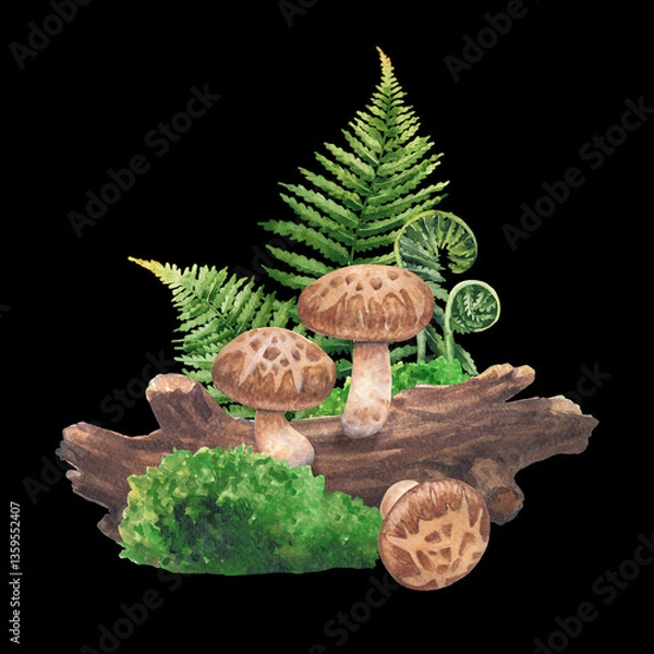 Obraz Realistic watercolor Shiitake mushroom surrounded with a log, moss and fern leaves