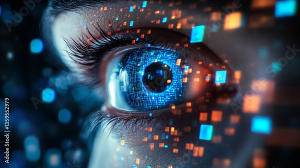 Fototapeta Close up of a human eye with digital overlay and glowing squares in a futuristic style design