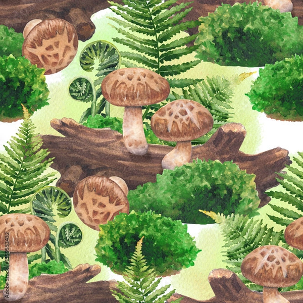 Obraz Seamless pattern of Realistic watercolor Shiitake mushrooms surrounded with a log, moss and fern leaves