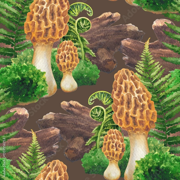 Obraz Seamless pattern of watercolor Yellow Morrel mushroom surrounded with a log, moss and fern leaves