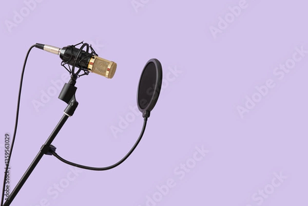 Fototapeta Stand with professional microphone on light background