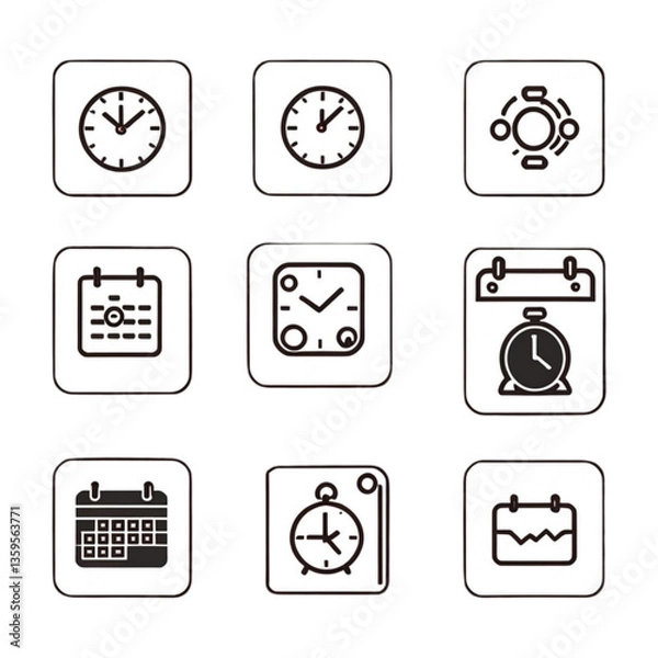 Fototapeta 角丸アイコンの時計とカレンダーセット｜Rounded Clock and Calendar Icon Set