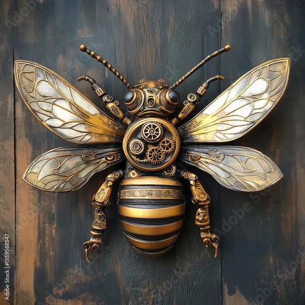 Fototapeta whimsical steampunk-inspired bee with intricate brass gears and mechanical wings.