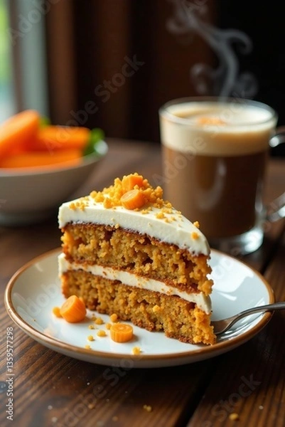 Fototapeta Delicious carrot cake slice on a plate paired with steaming coffee and fresh carrots.