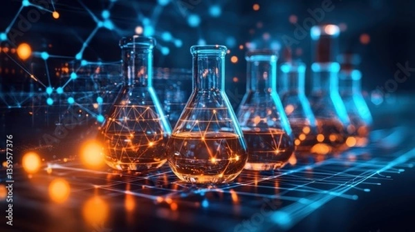 Fototapeta A scientific research in a digital science hub with soft light diffusion, showcasing liquid chemistry reactions and futuristic scientific advancements
