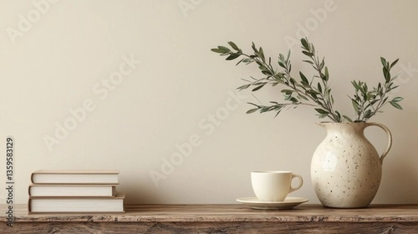 Fototapeta A serene morning tableau captures a soft ceramic pitcher adorned with olive branches beside a simple cup and saucer. Stacked books lay on a rustic wooden table beneath a calming beige wall