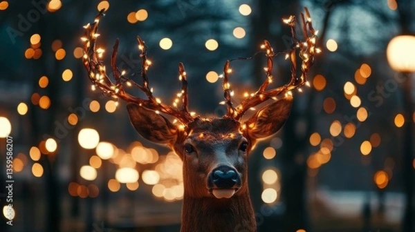 Fototapeta festive deer adorned with shimmering lights against a bokeh background during evening