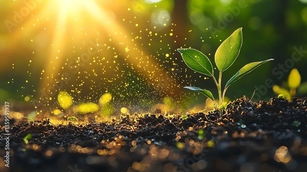 Fototapeta Fresh plant sprouting out of dark soil reflecting growth and new life signifying nature?s resilience and air quality