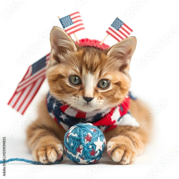 Obraz Adorable Kitten Dressed in American Flag Costume Playing with Yarn