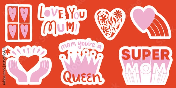 Fototapeta Bright stickers for Mother's Day with inscriptions, hearts and love symbols in pink and red colors. Suitable for greeting cards, social media and printing.