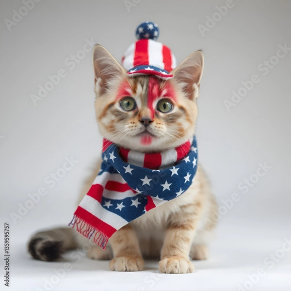 Obraz  Cute Kitten in American Flag Hat and Scarf for Independence Day