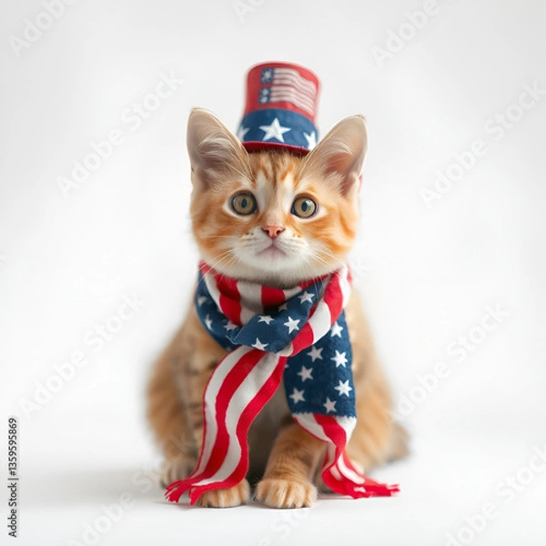 Obraz  Cute Kitten in American Flag Hat and Scarf for Independence Day