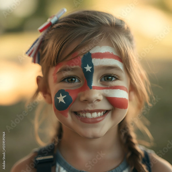 Obraz Smiling Girl with American Flag Face Paint and Patriotic Outfit