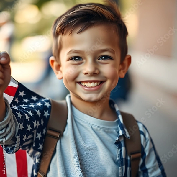 Obraz Energetic Boy Running with American Flag on Independence Day