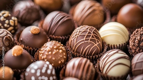 Fototapeta Assorted chocolate truffles on a dark surface