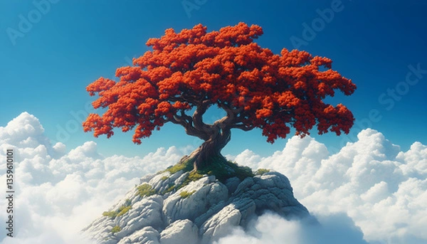 Obraz Pixel Art Tree On Floating Cloud Mountain