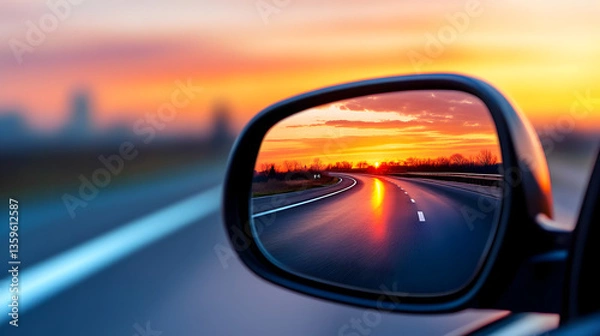 Fototapeta Rearview mirror reflection of a winding road at sunset, symbolizing nostalgia and reminiscence of past 