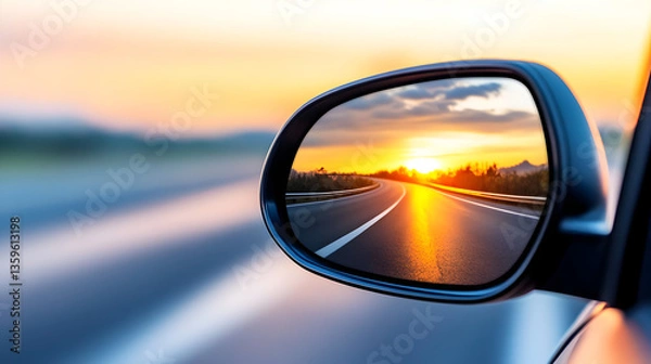 Fototapeta Rearview mirror reflection of a winding road at sunset, symbolizing nostalgia and reminiscence of past 