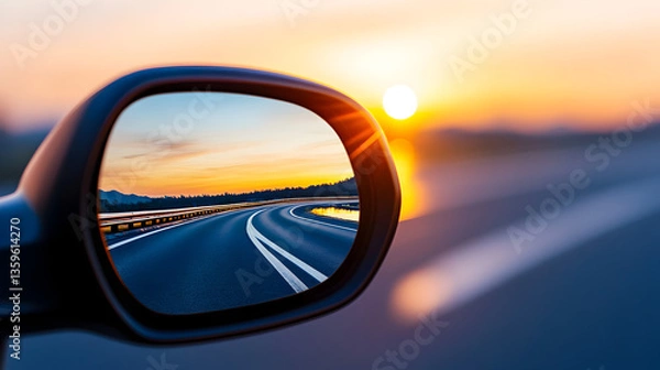 Fototapeta Rearview mirror reflection of a winding road at sunset, symbolizing nostalgia and reminiscence of past 