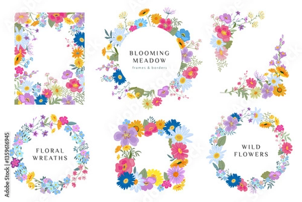 Fototapeta Collection of six vector wreaths and frames with colorful wildflowers. Elegant floral garlands with forget-me-nots, chamomile, daisies.