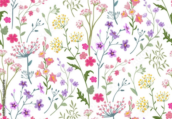 Fototapeta Vector seamless pattern with blooming meadow. Bright endless background with colorful wildflowers forget-me-nots, chamomile, daisies.