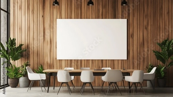 Fototapeta Cozy office space with a wooden wall and a blank white canvas, perfect for interior design mockups, 3D rendering