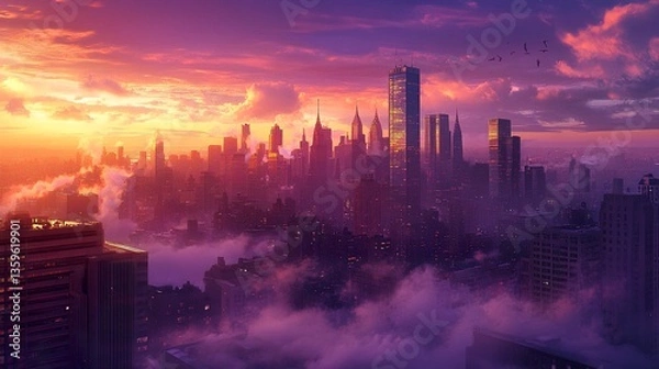 Fototapeta A picturesque skyline piercing through the clouds, with sunrise casting warm, glowing tones on the buildings and the soft mist below, the endless sky transitioning from deep purple to bright orange 