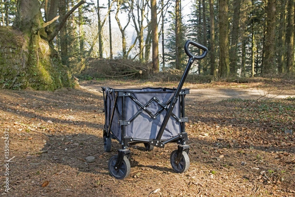 Obraz Wheeled camping trailer going through forest