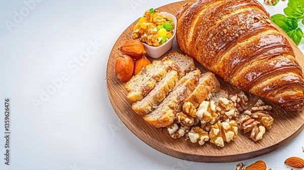 Fototapeta Delicious croissant served with nuts and fresh bread on a rustic wooden table for a gourmet experience