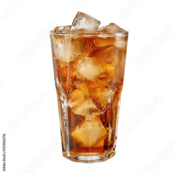 Fototapeta Refreshing Ice Cold Beverage in Tall Glass with Ice Cubes and Brown Liquid
