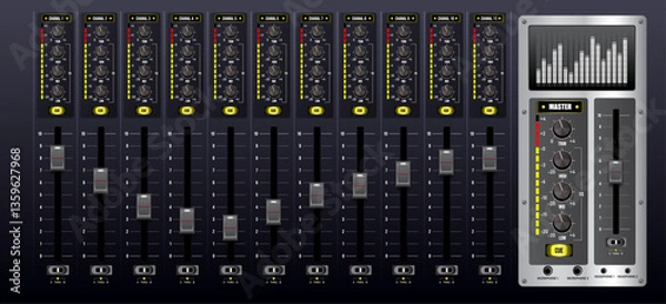 Fototapeta Soundboard Mixer Board with recording controls production switcher panel.