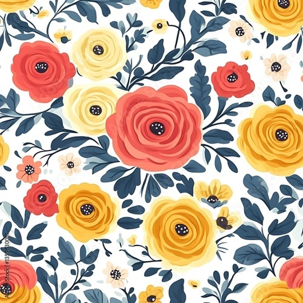 Fototapeta Floral Seamless Pattern Red, Yellow Flowers, White Background, Textile Design