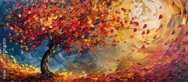 Fototapeta Autumn Tree Painting; Abstract; Falling Leaves; Colorful Sky
