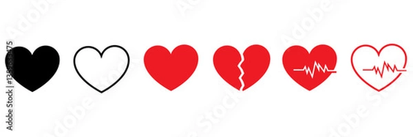 Fototapeta set of heart, heartbeat and broken heart. set of hearts in black, red, pink and stoke with white with white background. heart icons set. broken, break, heartbeat, vector.
