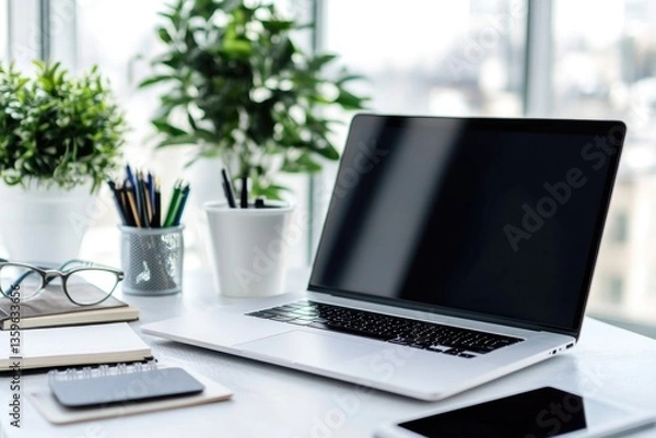 Fototapeta Workspace essentials include a laptop and a notebook for effective productivity.