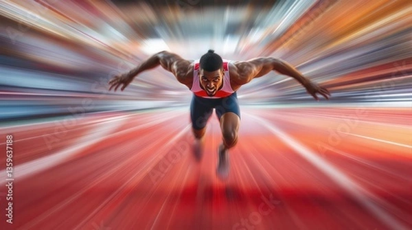 Fototapeta Dynamic Runner Sprinting Through Track with Intense Focus and Speed