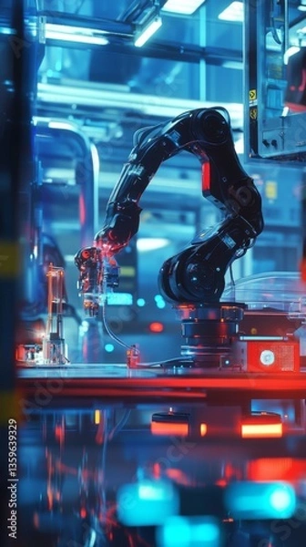Fototapeta A futuristic robotic arm working in a vibrant industrial setting. It showcases advanced technology in automation and precision. This image captures innovation and efficiency. Generative AI