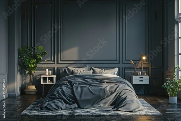 Obraz Grey Bedroom Interior with Bed and Nightstand with Decoration Mockup Frames