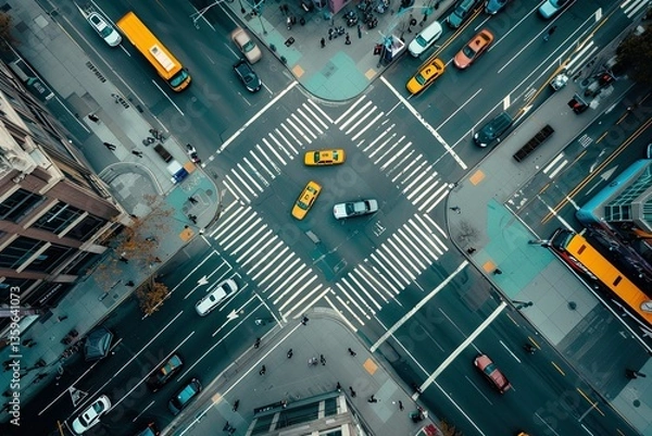 Obraz Vibrant Picture of Aerial View of a Busy Street Intersection with Cars and Vehicles