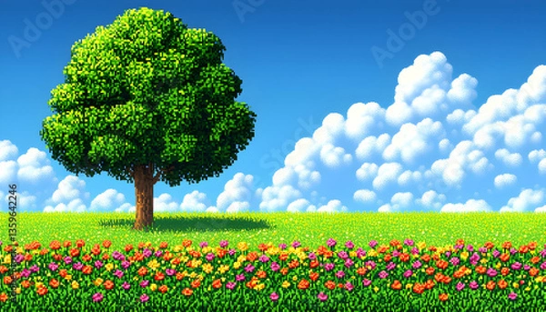Obraz Pixelated Summer Landscape With Tree And Flowers