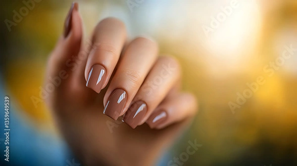 Fototapeta Close-up of a woman's hand showcasing manicured nails with a glossy light brown finish against a soft-focus autumnal background.