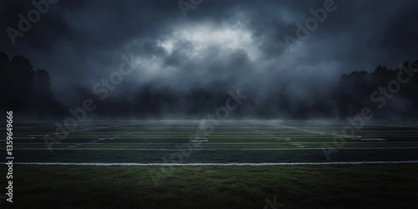 Fototapeta Misty field under a dramatic sky with dark trees looming in the background creating a moody atmospheric scene.