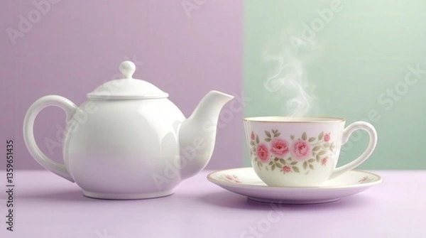 Fototapeta Elegant white teapot and floral teacup with steam against pastel backdrop in cozy setting