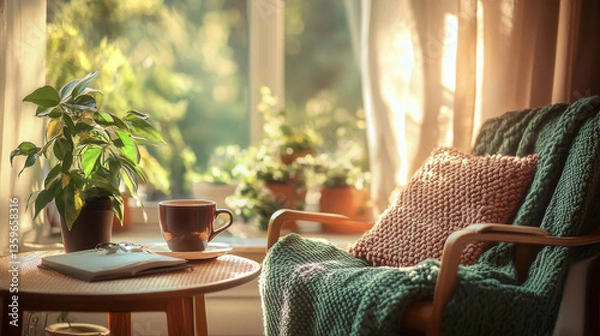 Fototapeta The essence of enjoying a quiet coffee break at home, reflecting a sense of comfort and relaxation in a personal space
