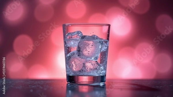 Fototapeta A glass filled with ice cubes against a radiant, bokeh-lit backdrop.