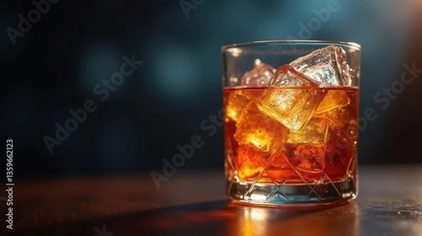 Fototapeta A crystal-clear glass brimming with amber-hued libation, garnished with icy cubes, sits upon a polished wooden surface, casting a warm, inviting glow.